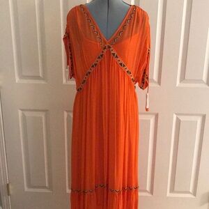 New Soft Surroundings Coral Orange Beaded Embroidered Chiffon Maxi Dres…